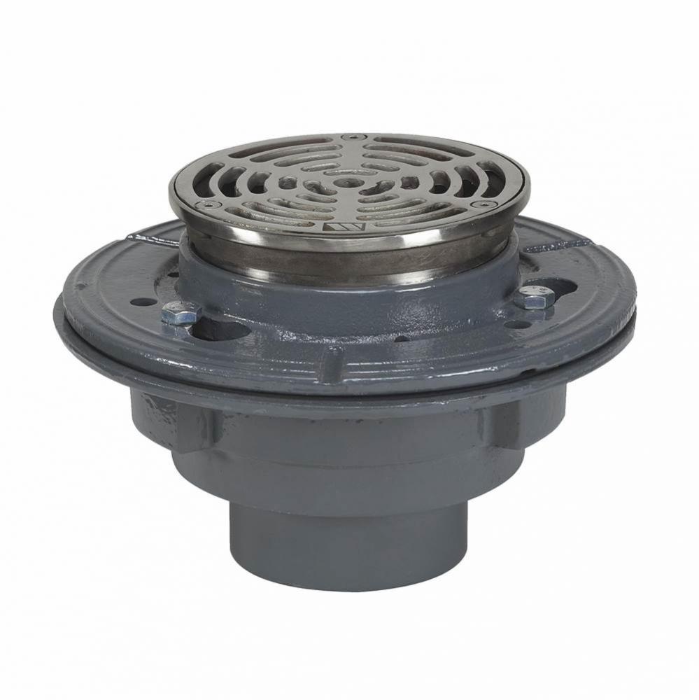 Floor Drain, 3 IN Pipe, Push On, Anchor Flange, Reversible Clamping Collar, 5 IN Adjustable Round
