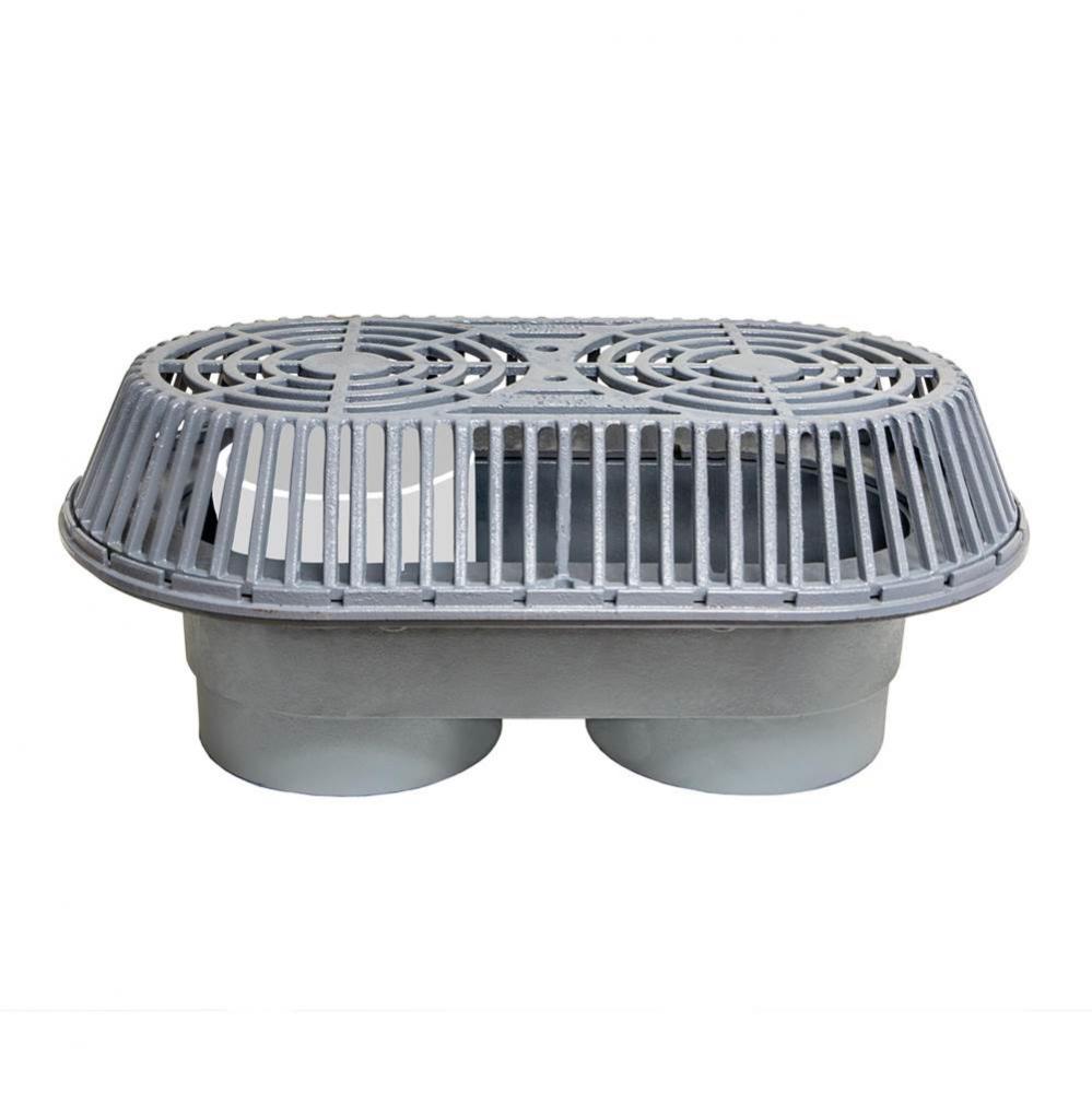 Large Capacity Roof Drain, Dual Outlet, Internal Standpipe, 10 IN No Hub, DI Dome, CI Body, Flashi