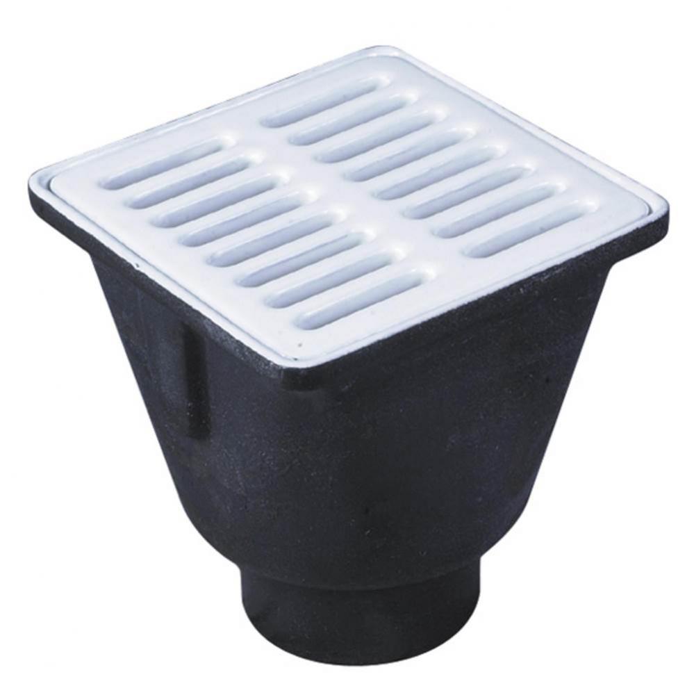 Floor Sink, 3 IN Pipe, No Hub, 8 IN Square , 6 IN Deep Porcelain Enamel Coated Cast Iron Grate, Do
