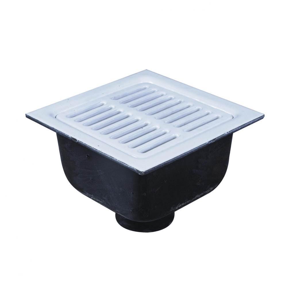Floor Sink, 4 IN Pipe, 12 IN Square x 6 IN Deep Porcelain Enamel Coated Cast Iron Grate, Dome Bott