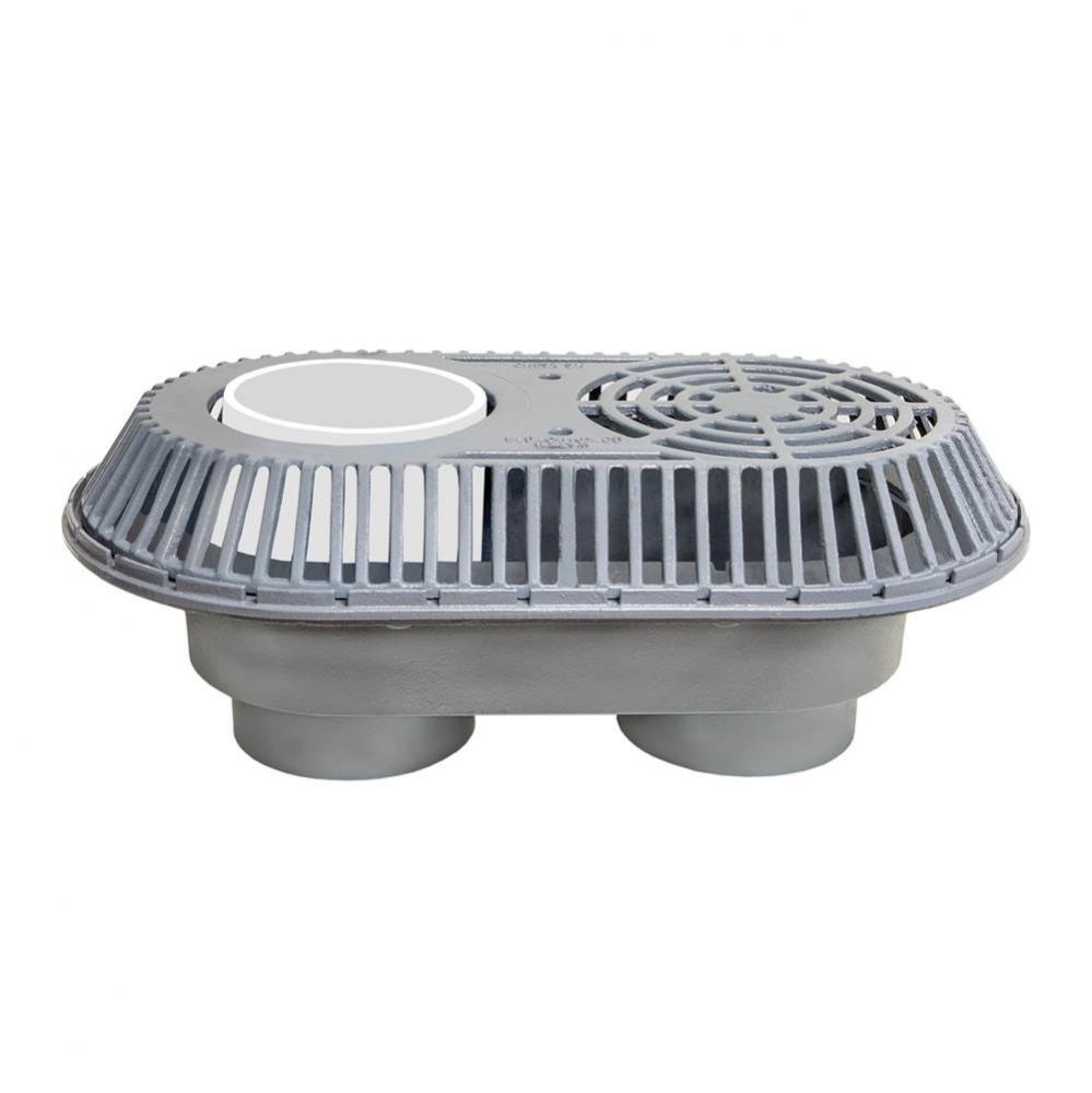 Large Capacity Roof Drain, Dual Outlet, Int Standpipe, 10 IN No Hub, Cut-Through DI Overflow Dome,