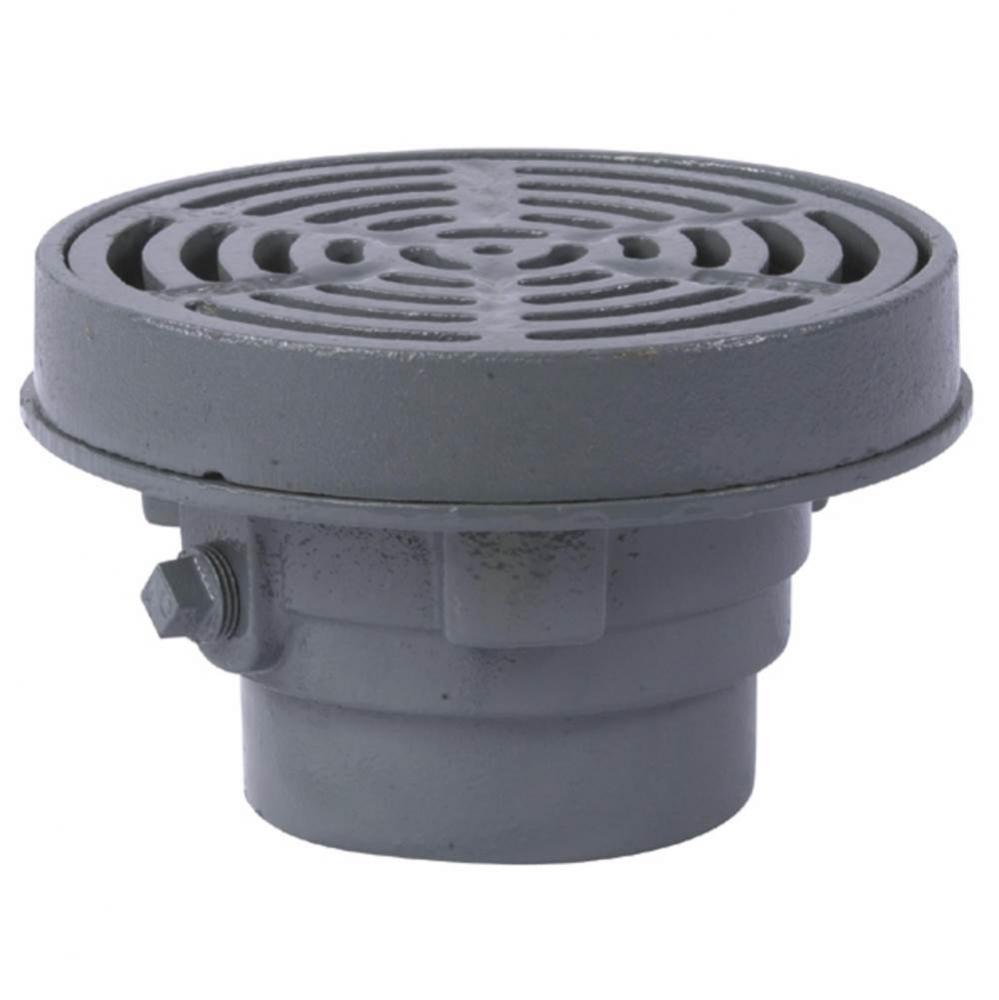 Floor Drain, 6 IN Pipe, No Hub, Anchor Flange, Weepholes, 8 IN Round Ductile Iron Grate, Epoxy Coa