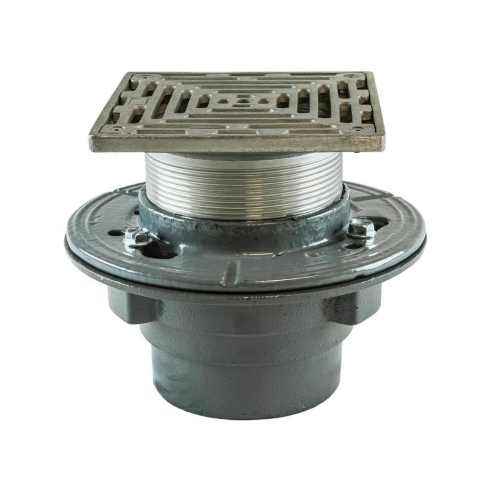 Floor Drain, 3 IN Pipe, Push On, Anchor Flange, Reversible Clamping Collar, 6 IN Adjustable Square