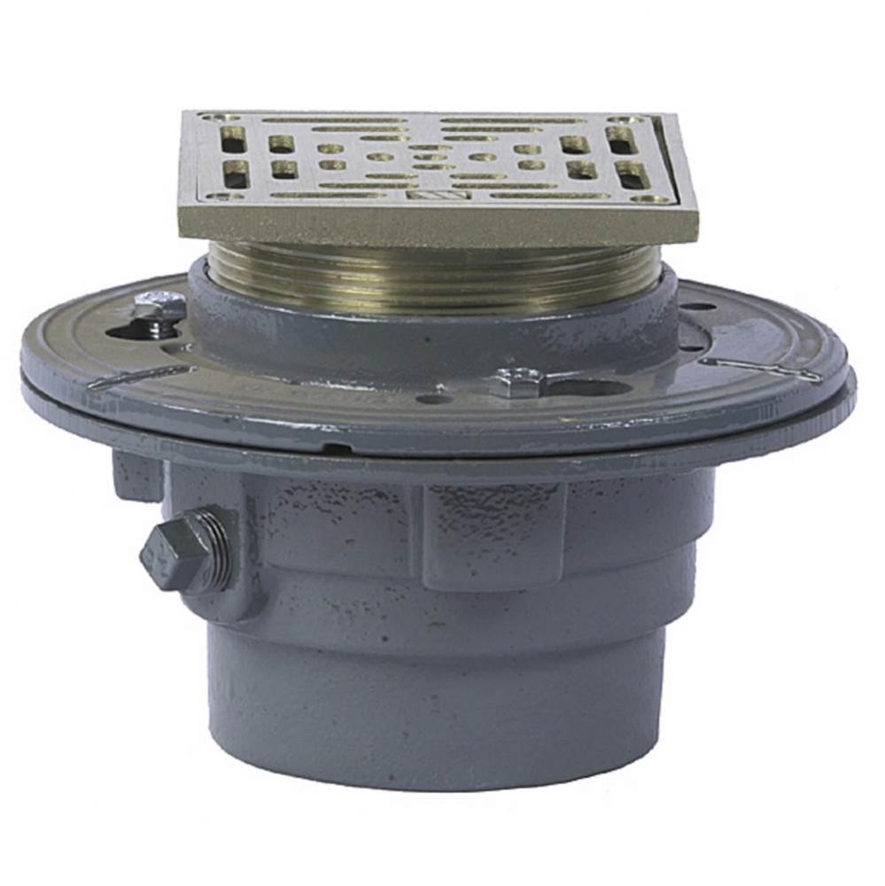 Floor Drain, 2 IN Pipe, No Hub, Anchor Flange, Reversible Clamping Collar, 6 IN Adjustable Square