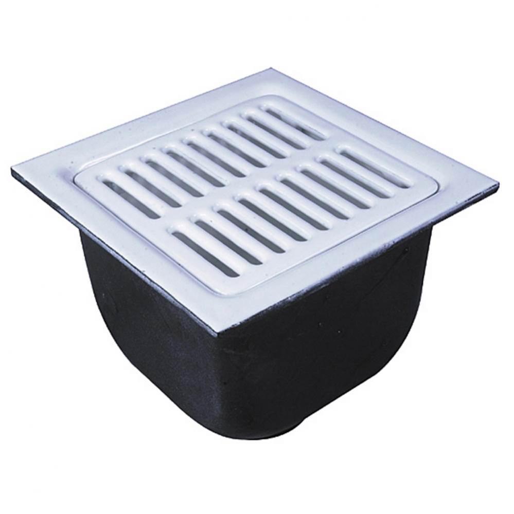 Floor Sink, 4 IN Pipe, 12 IN Square x 8 IN Deep Porcelain Enamel Coated Cast Iron Grate, Dome Bott