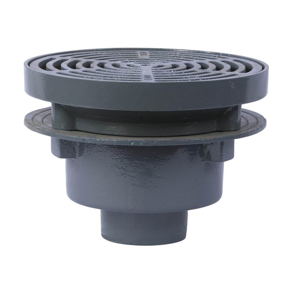 Floor Drain, Fixed Top, Cast Iron, 12 IN Ductile Iron Grate, 3 IN No Hub, Sediment Bucket,  Anchor