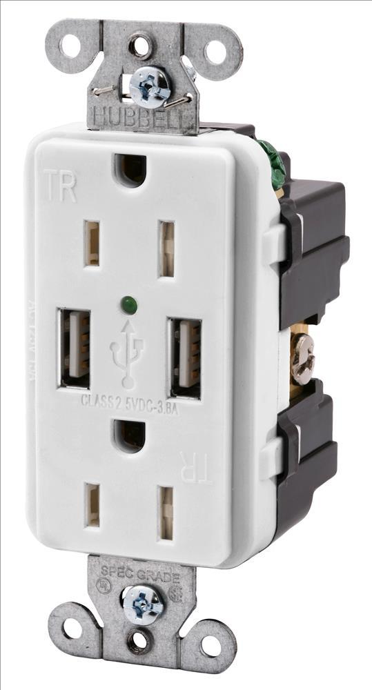 USB CHRGR 15A 125V DUP, 3A 5V PORT, WH