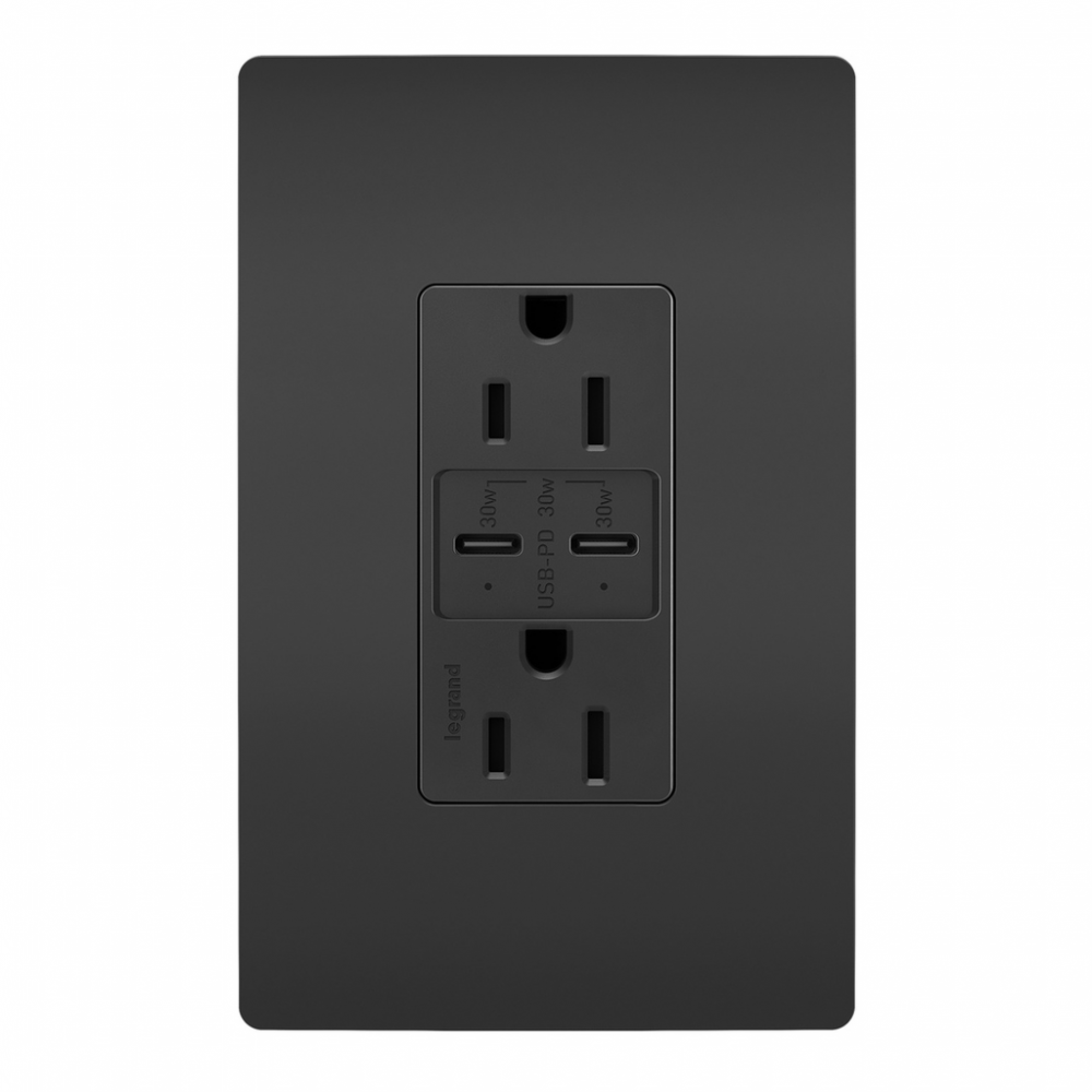 radiant? 15A Tamper Resistant Ultra Fast PLUS Power Delivery USB Type C/C Outlet, Black