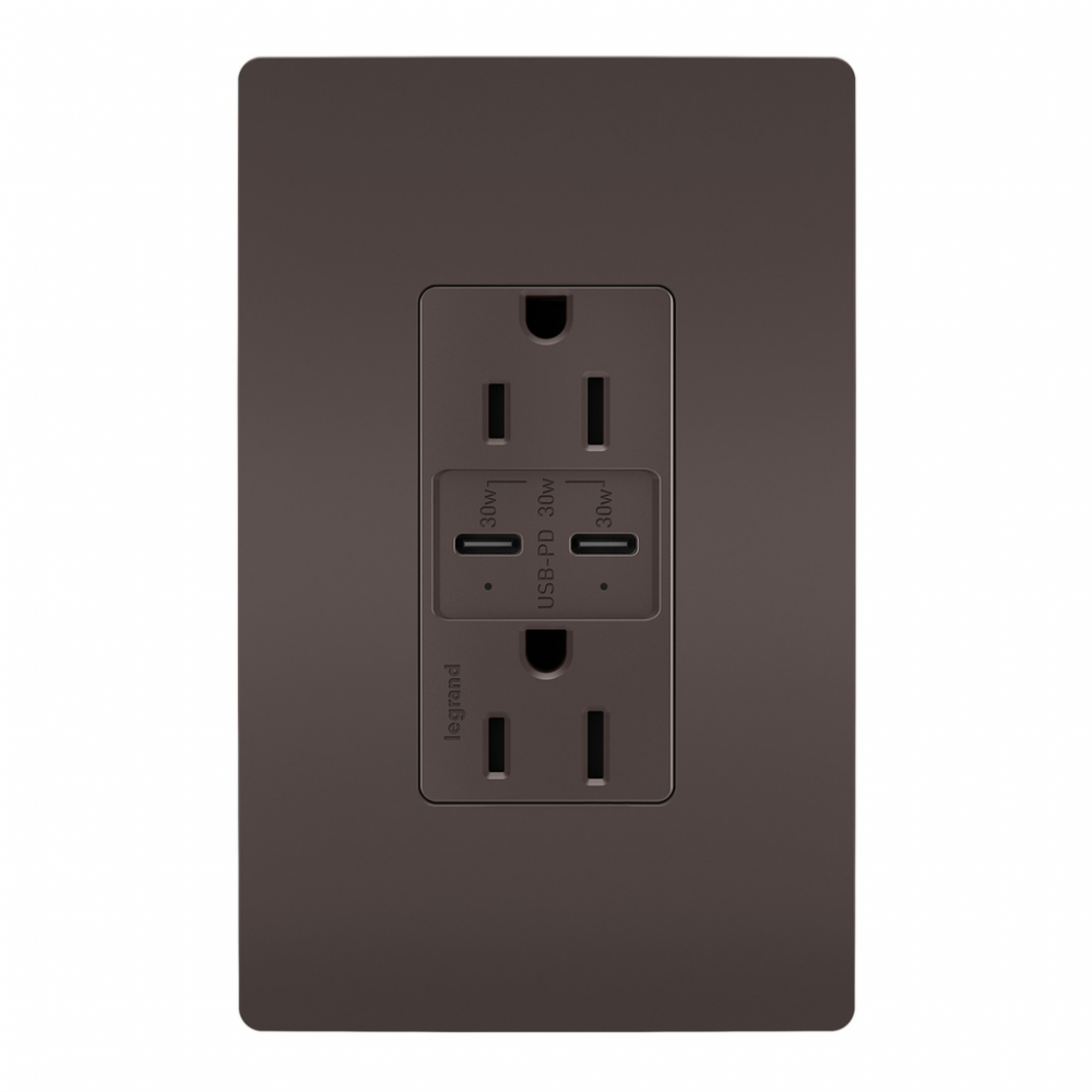 radiant? 15A Tamper Resistant Ultra Fast PLUS Power Delivery USB Type C/C Outlet, Brown