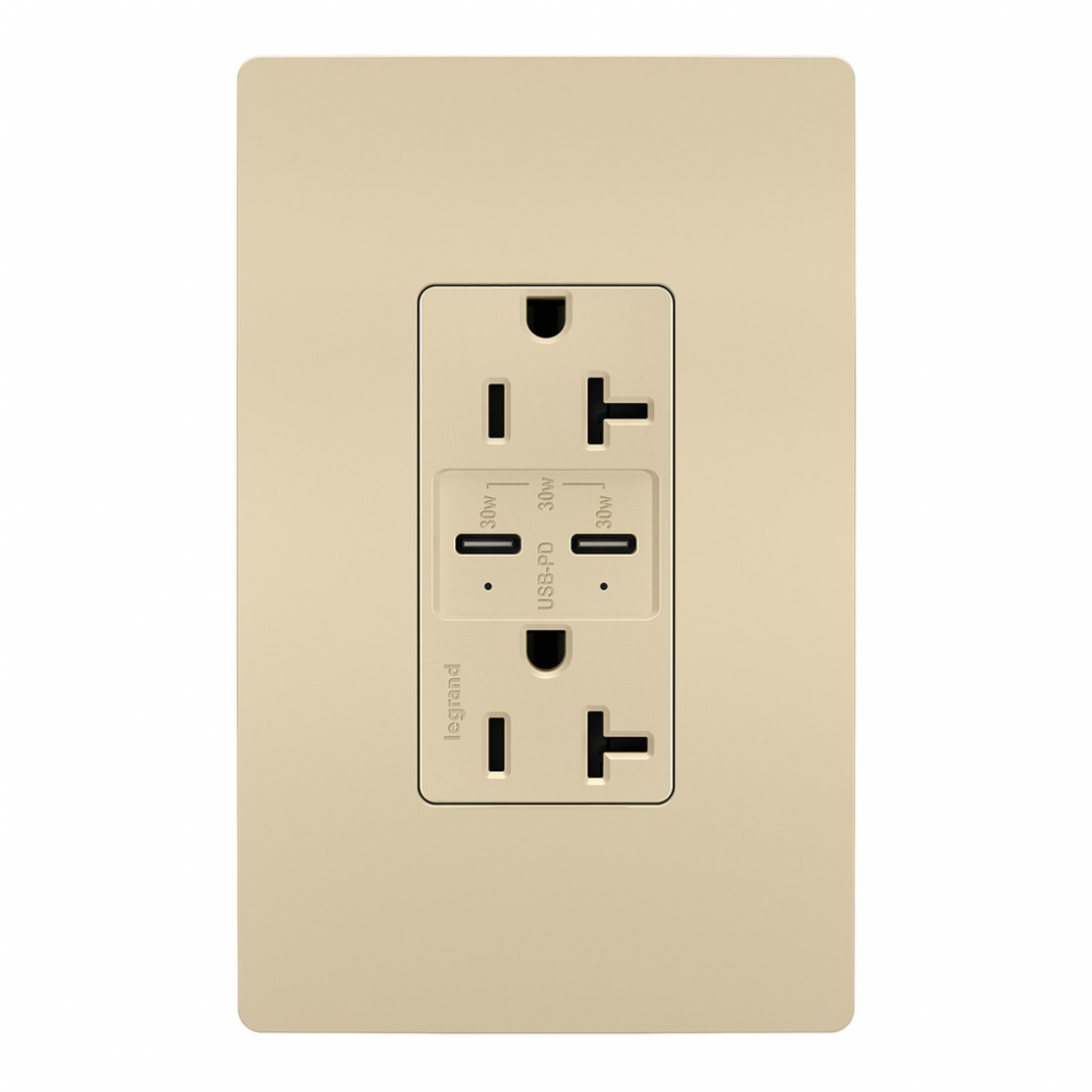 radiant? 20A Tamper Resistant Ultra Fast PLUS Power Delivery USB Type C/C Outlet, Ivory