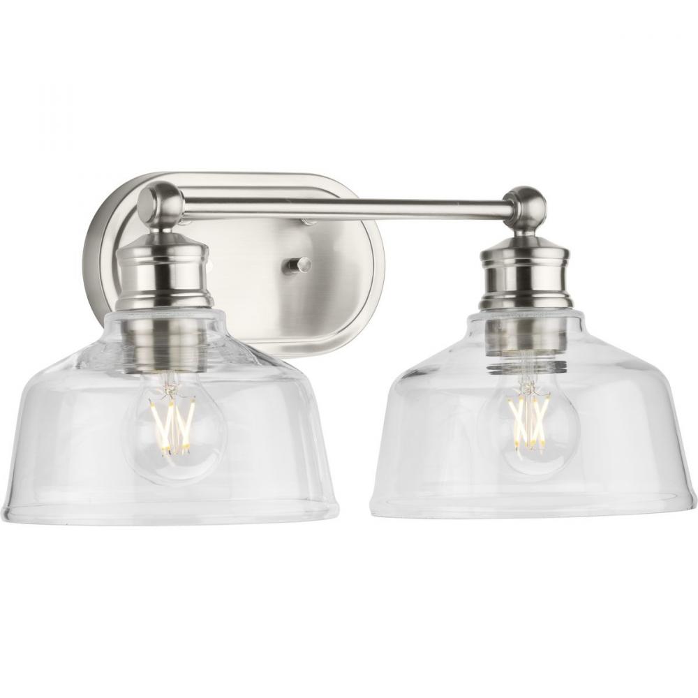 Singleton Collection Two-Light 17&#34; Brushed Nickel Farmhouse Vanity Light with Clear Glass Shades