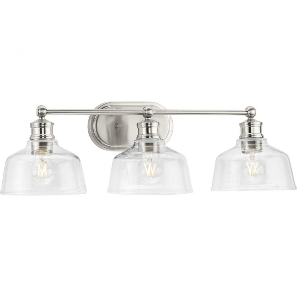 Singleton Collection Three-Light 26.5&#34; Brushed Nickel Farmhouse Vanity Light with Clear Glass Sh