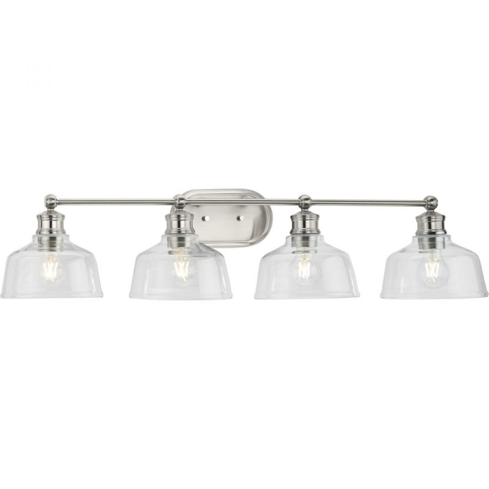 Singleton Collection Four-Light 36&#34; Brushed Nickel Farmhouse Vanity Light with Clear Glass Shade