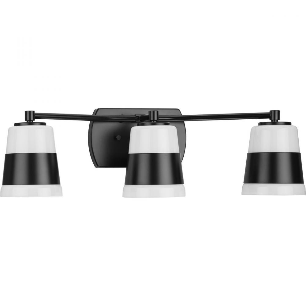 Haven Collection Three-Light Matte Black Opal Glass Luxe Industrial Bath Light
