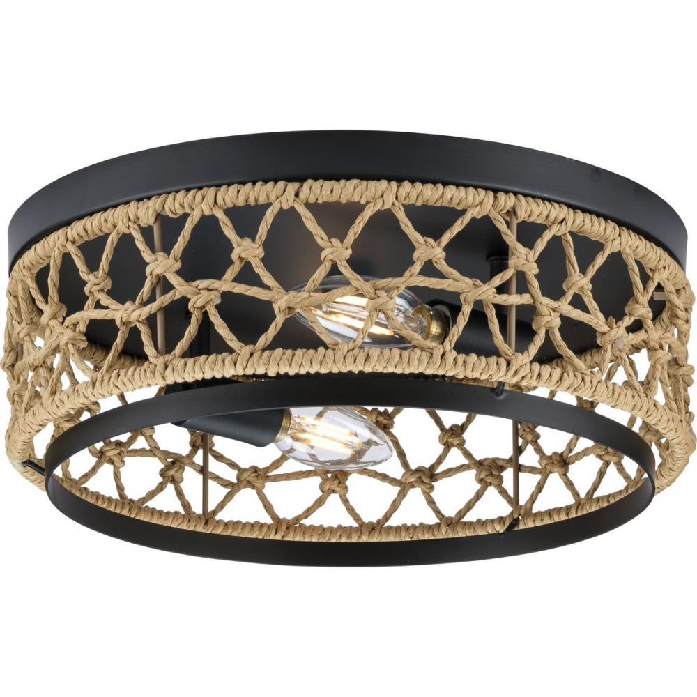 Chandra Collection 12 in. Two-Light Matte Black Global Flush Mount with Woven Shade