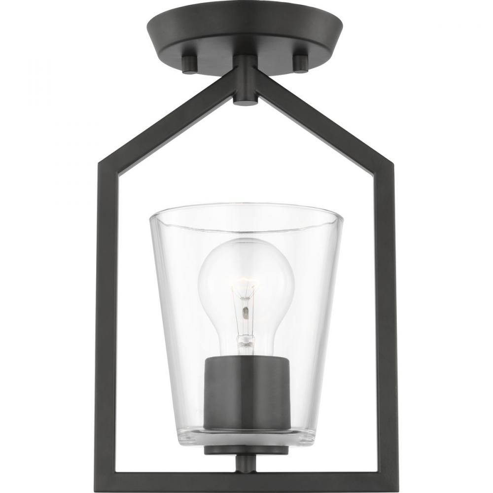 Vertex Collection One-Light Matte Black Clear Glass Contemporary Semi-Flush Mount with