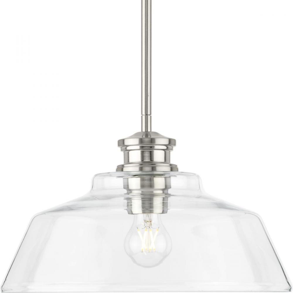Singleton Collection One-Light 14&#34; Brushed Nickel Farmhouse Medium Pendant Light with Clear Glas