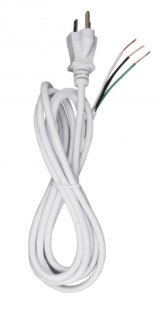 8 Foot 18/3 SVT 105C Heavy Duty Cord Set; White Finish; 100 Carton; 3 Prong Molded Plug; Stripped