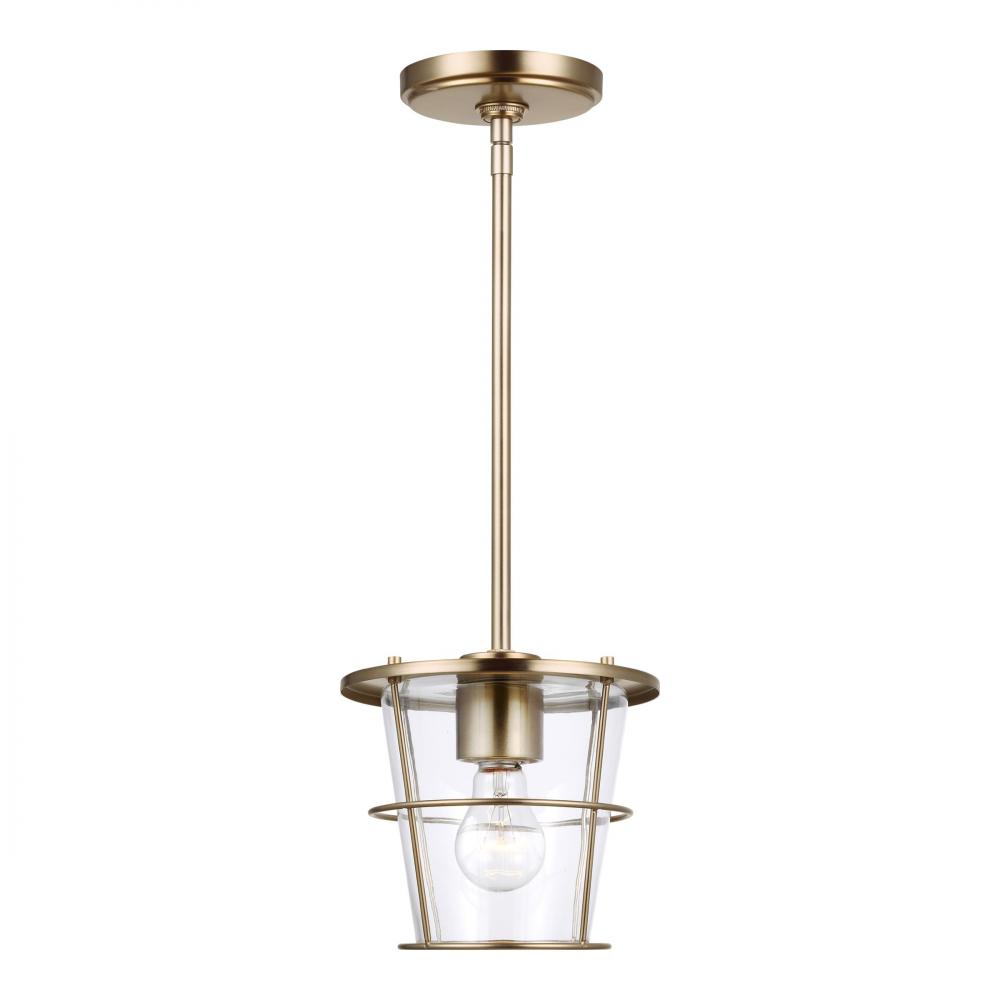 Tex industrial 1-light indoor dimmable pendant in satin brass gold finish with clear glass shade