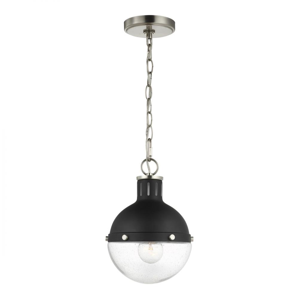 Highland industrial 1-light indoor dimmable pendant in midnight black finish with seeded glass shade