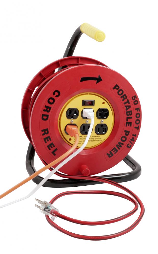 CORD REEL, RED WITH 6 OUTLETS & 50&#39; CORD