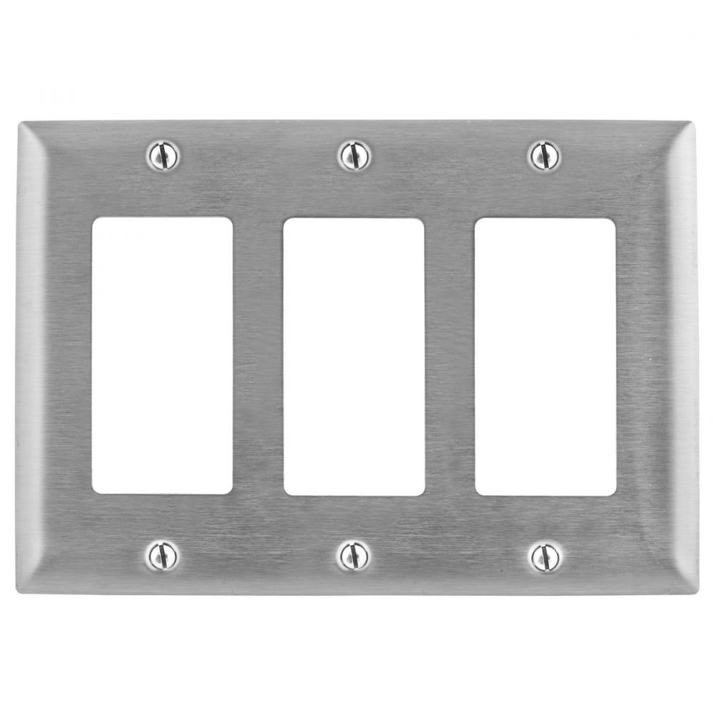 WALLPLATE, 3-G, GFCI, SS