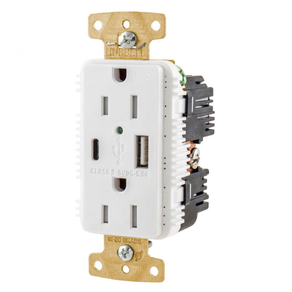 DUP TRWR 15A125V USB PORT 5A5V AC WH