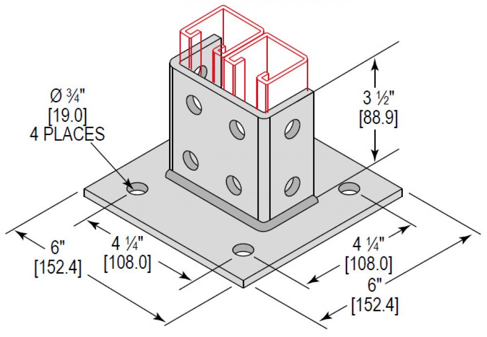 PSTBSE 1CHNL 2HOLE SQ 3-1/2 SS