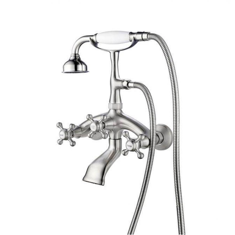 Wall Mount Filler w/HandShower8&apos;&apos; Curved Bdy,Cross Hndl,BN