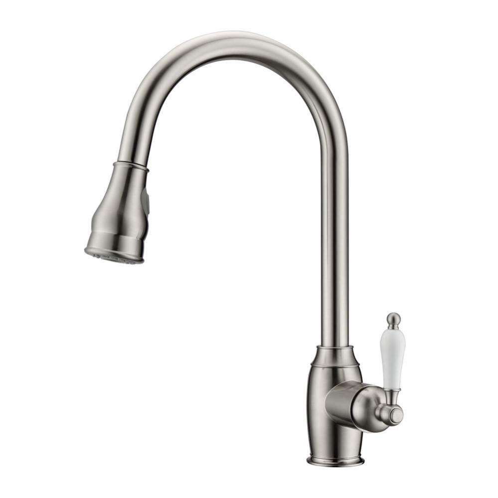 Bay Kitchen Faucet,Pull-OutSpray,Porcelain Handles,BN