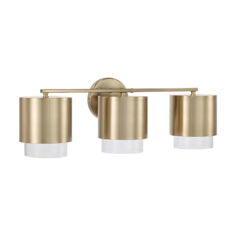 3-Light Cylindrical Metal Vanity in Matte Brass with Seeded Glass