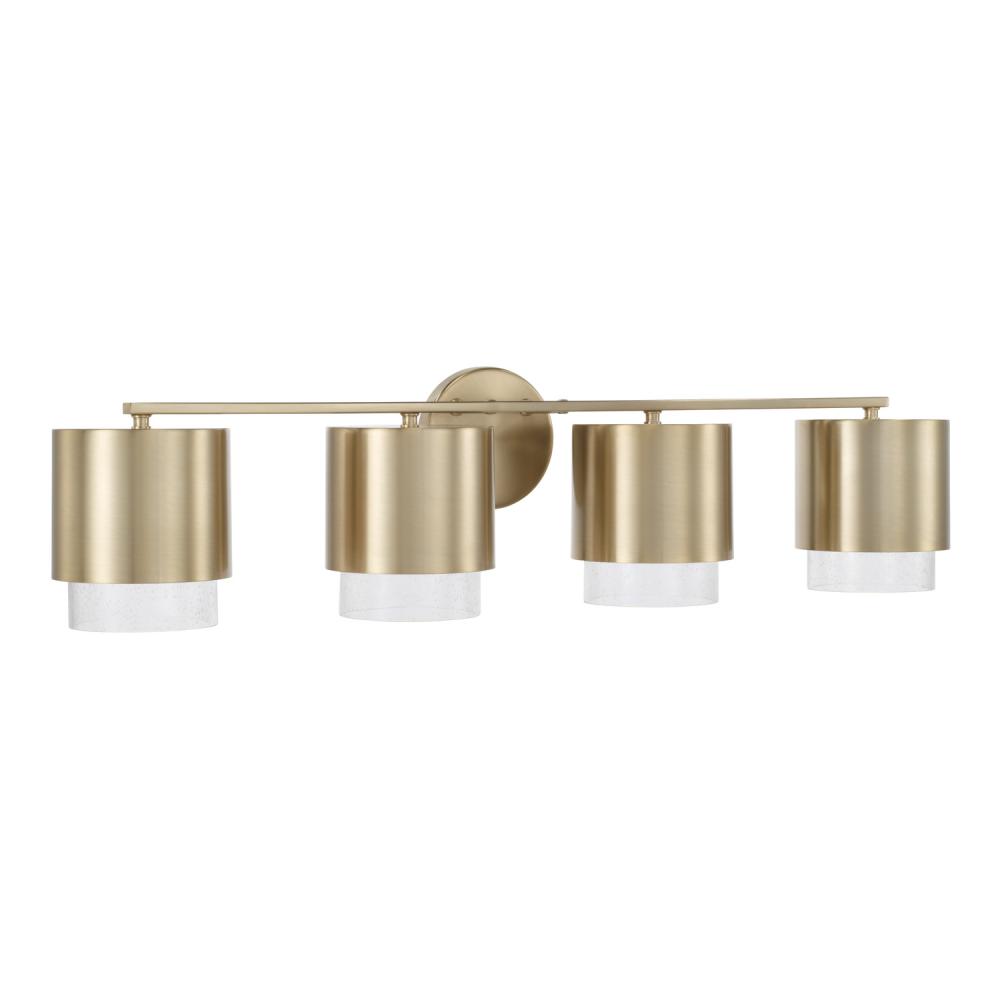 4-Light Cylindrical Metal Vanity in Matte Brass with Seeded Glass
