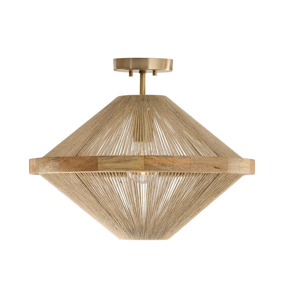 1-Light Dual Mount Pendant in Matte Brass with Mango Wood and Handwrapped Natural Jute Rope String