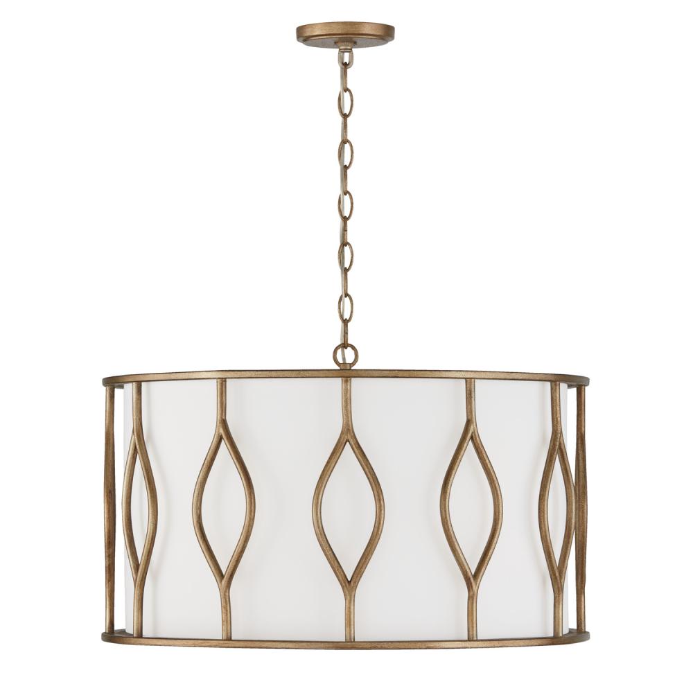 4-Light Drum Pendant in Mystic Luster with White Fabric Shade