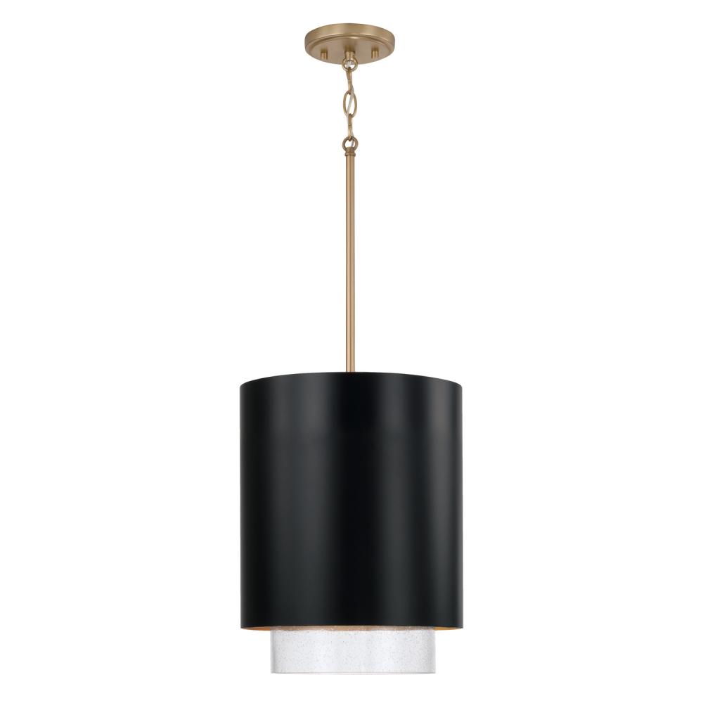 1-Light Cylindrical Metal Pendant in Matte Black with Matte Brass Interior and Seeded Glass