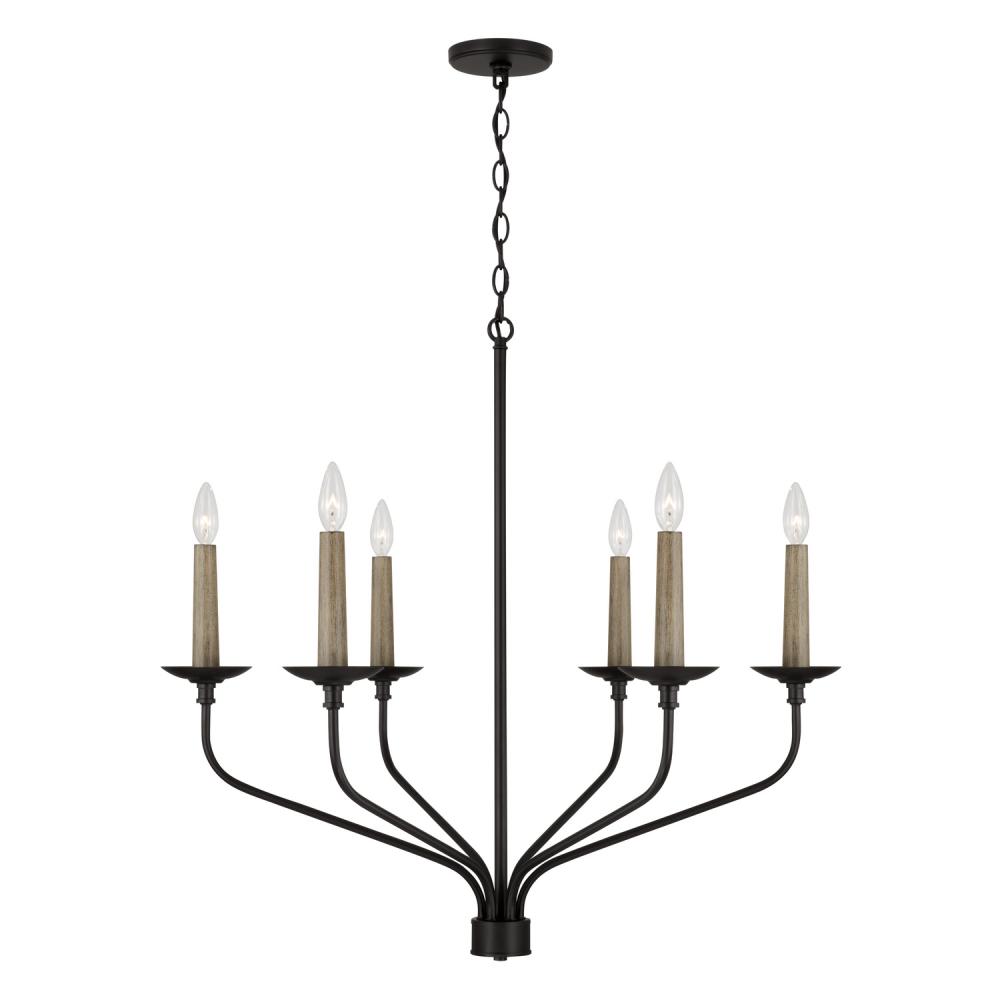 6-Light Chandelier in Matte Black with Interchangeable Faux Wood or Matte Black Candle Sleeves