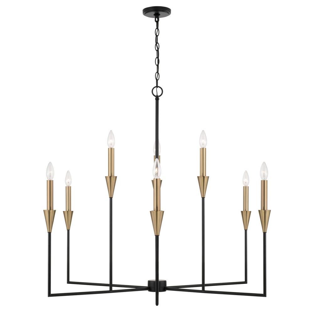8-Light Chandelier in Black and Aged Brass with Interchangeable White or Aged Brass Candle Sleeves