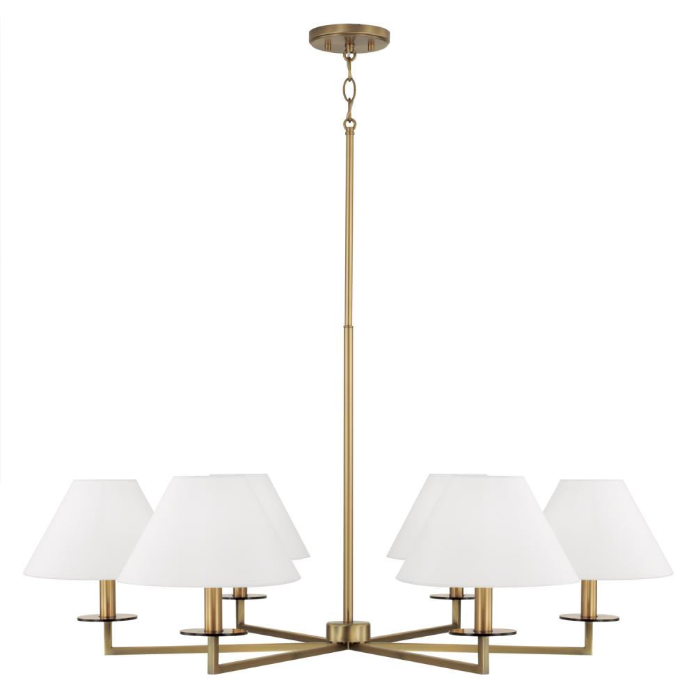 6-Light Chandelier in Aged Brass with White Fabric Stay-Straight Shades