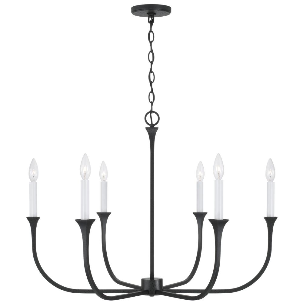 6-Light Chandelier in Black Iron with Interchangeable White or Black Iron Candle Sleeves