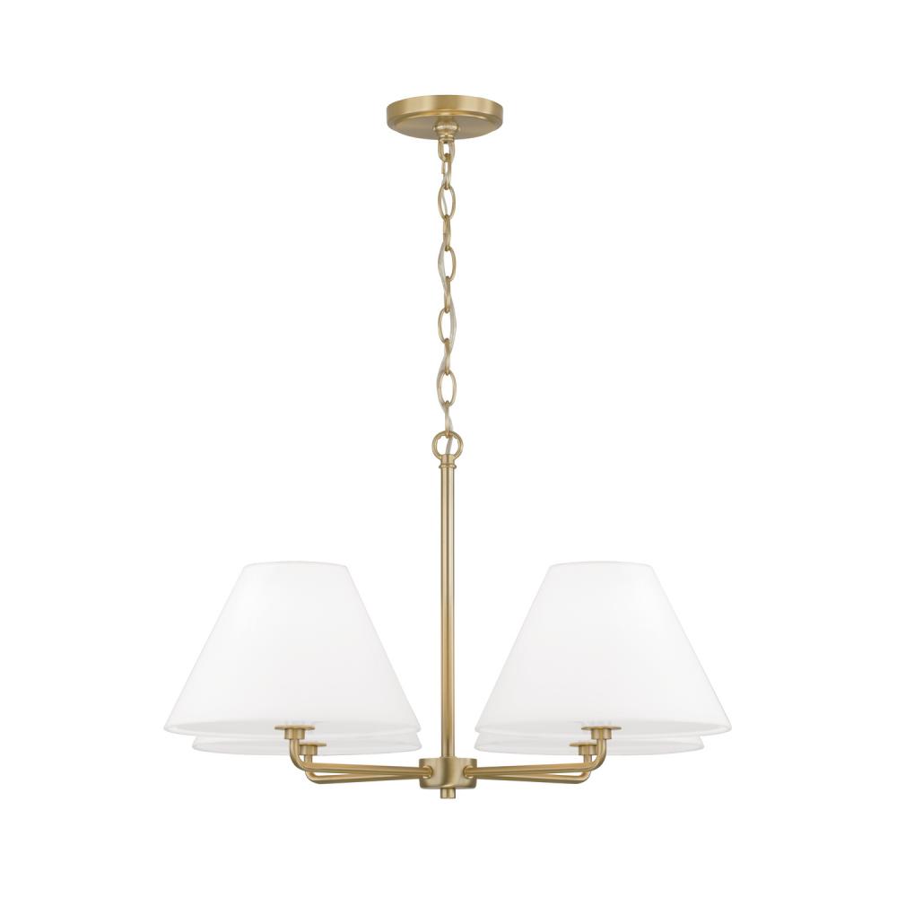 4-Light Chandelier in Matte Brass with White Fabric Shades and Glass Diffusers