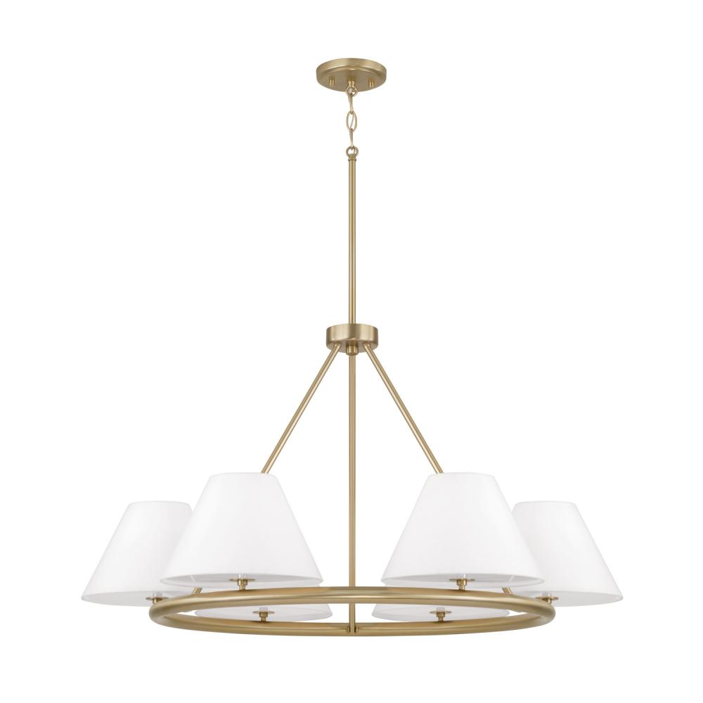 6-Light Circular Chandelier in Matte Brass with White Fabric Shades and Glass Diffusers