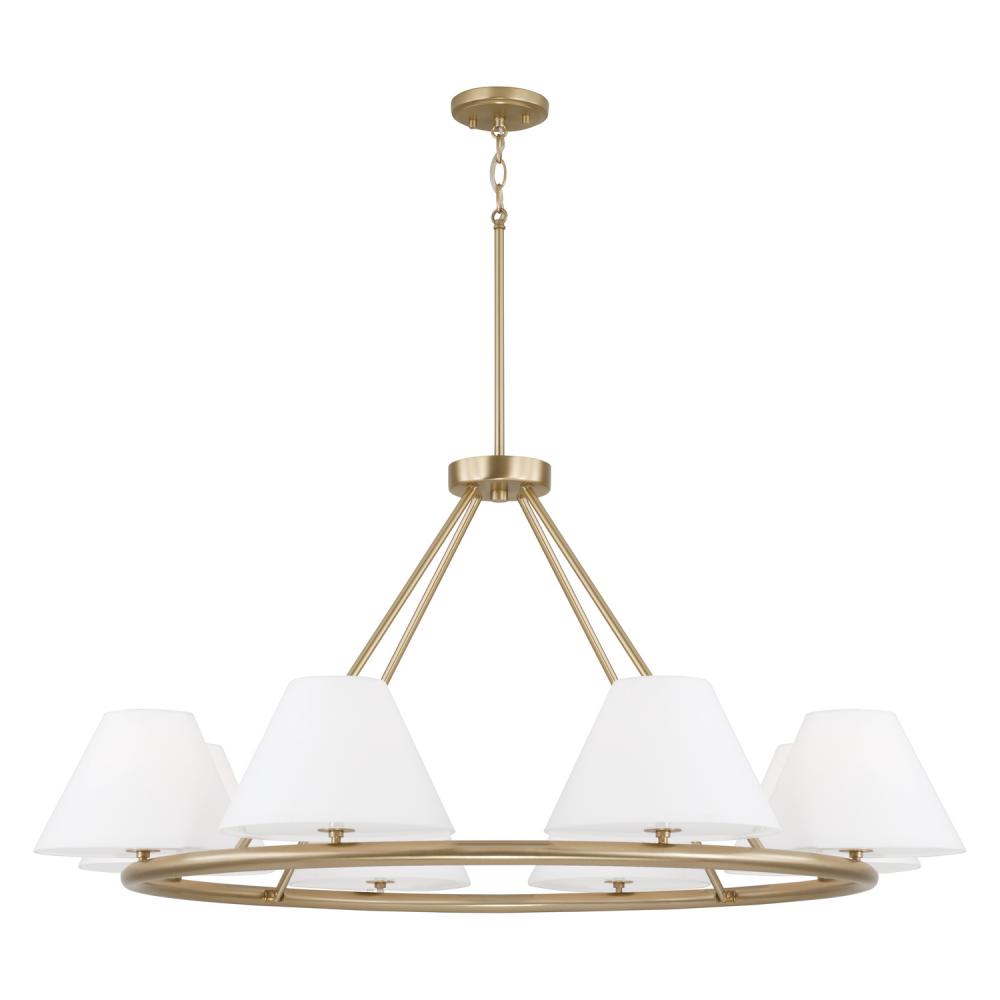 8-Light Circular Chandelier in Matte Brass with White Fabric Shades and Glass Diffusers
