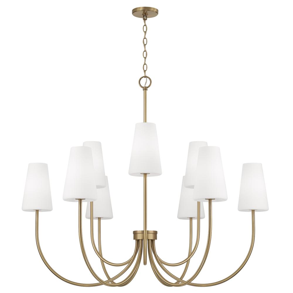 9-Light Two-Tier Chandelier in Aged Brass with Tapered Soft White Glass