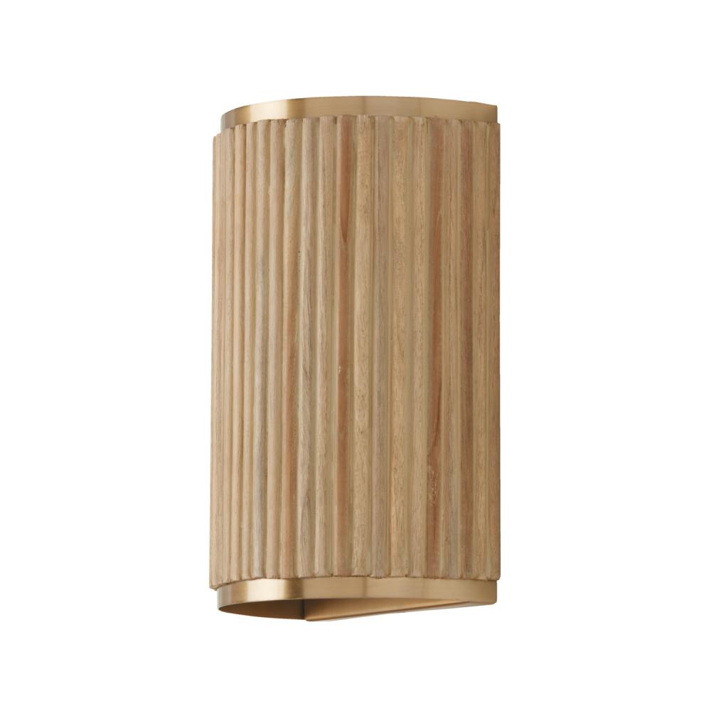 2-Light Sconce in Matte Brass and Handcrafted Mango Wood in White Wash