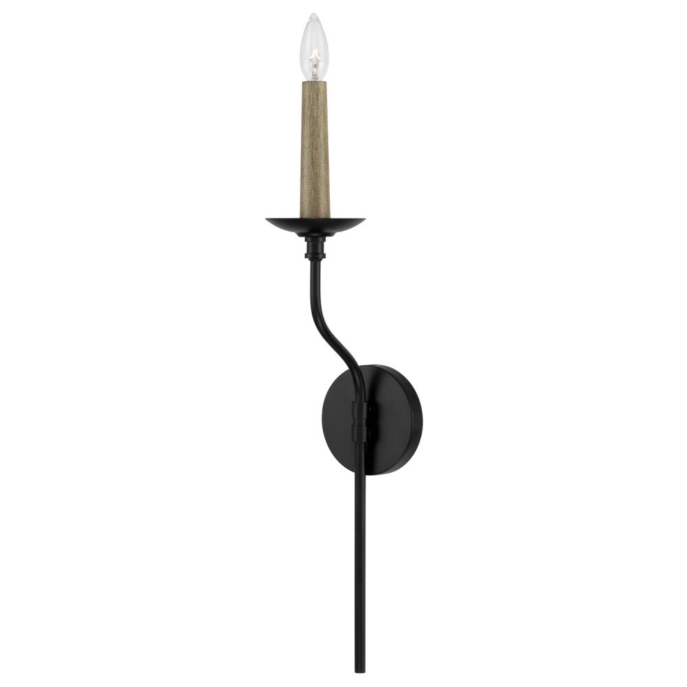 1-Light Sconce in Matte Black with Interchangeable Faux Wood or Matte Black Candle Sleeve