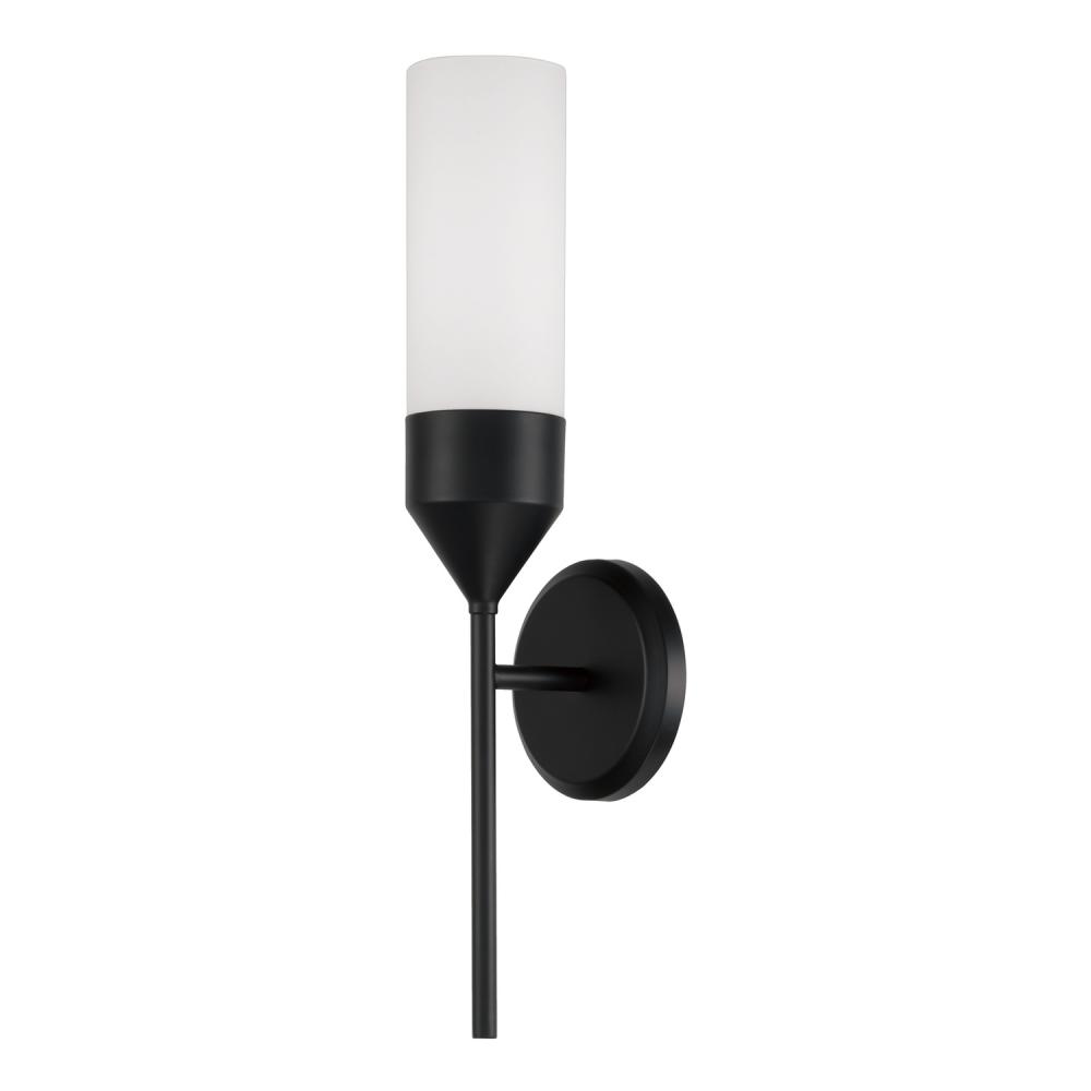 1-Light Cylindrical Sconce in Matte Black with Soft White Glass