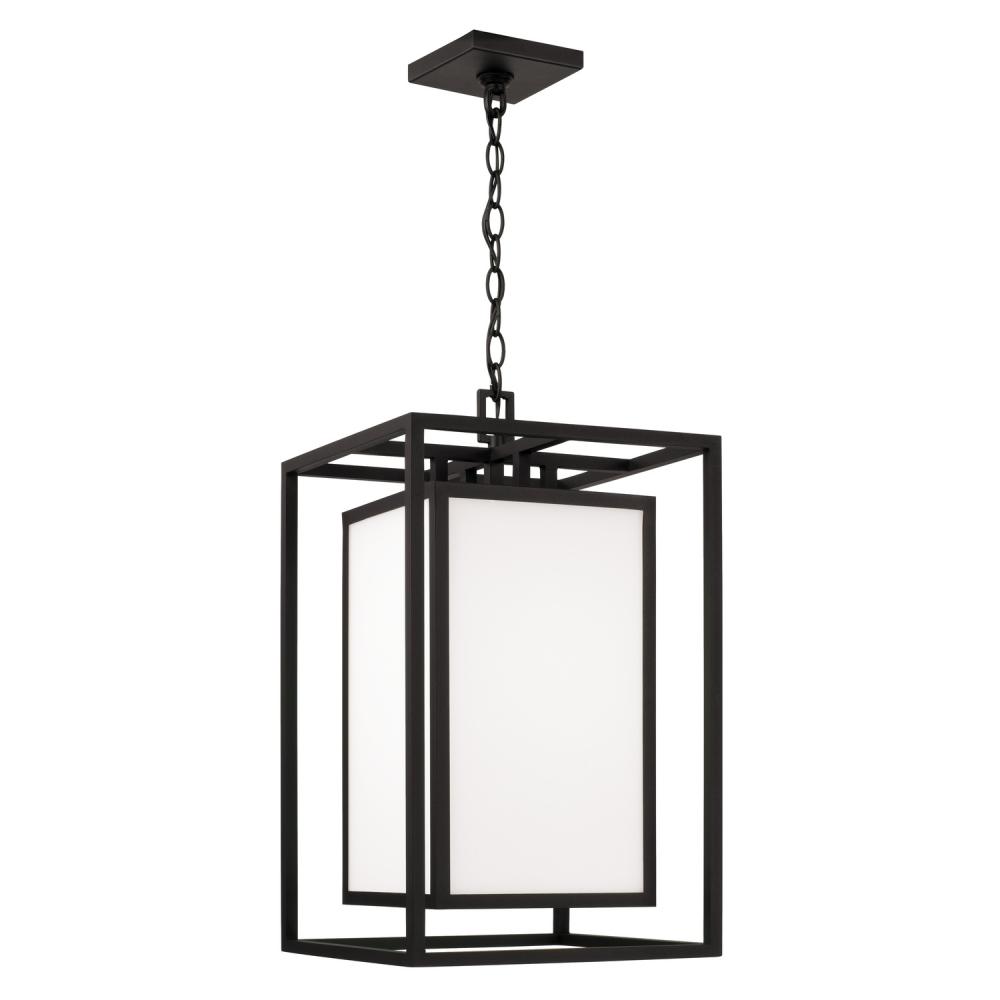 1-Light Outdoor Modern Square Rectangle Hanging Lantern in Black with Soft White Glass