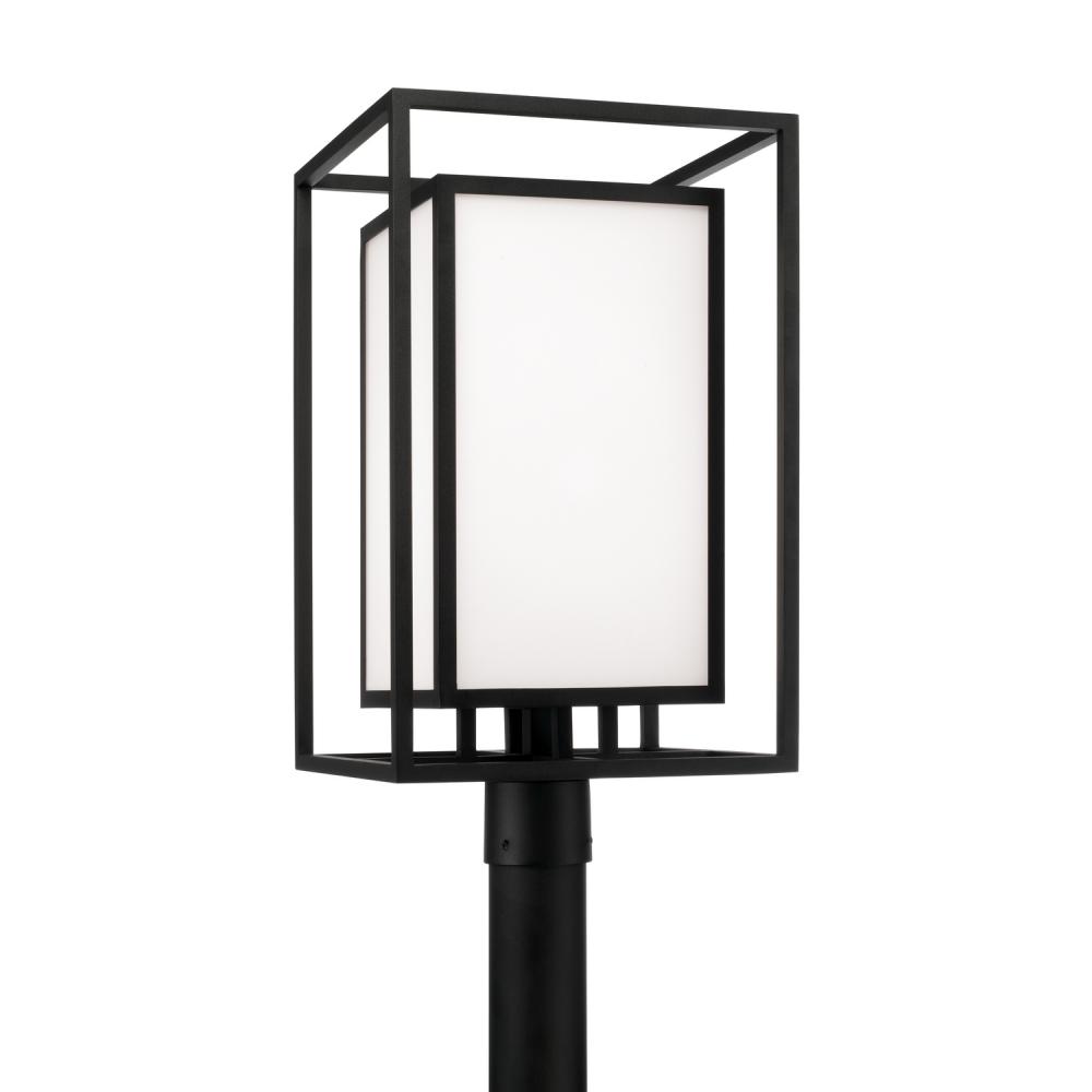 1-Light Outdoor Modern Square Rectangle Post Lantern in Black with Soft White Glass