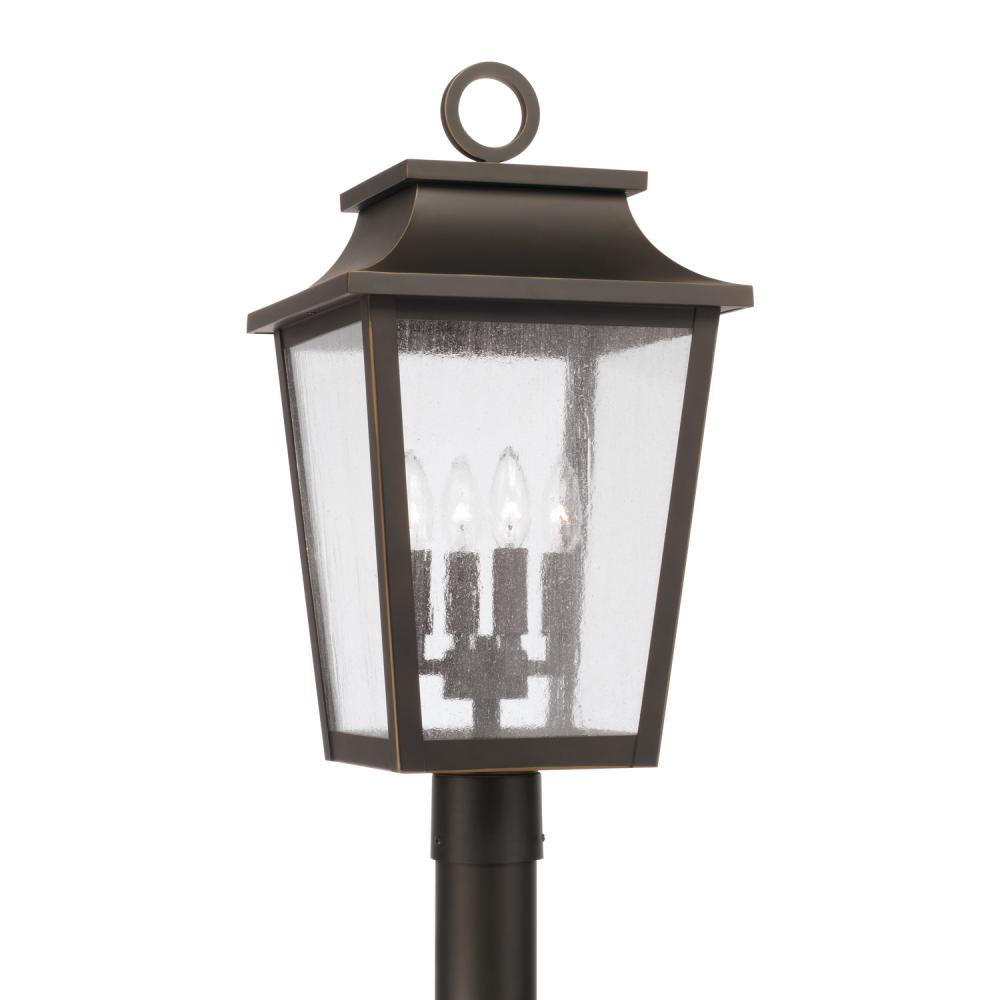 4-Light Outdoor Tapered Post Lantern in Oiled Bronze with Ripple Glass