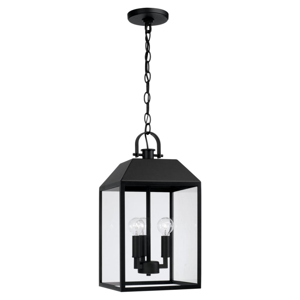 3-Light Outdoor Square Rectangle Hanging Lantern in Black with Clear Glass